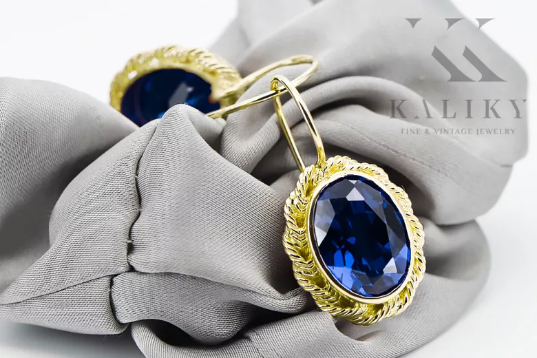 Yellow 8k gold 333 Sapphire earrings vec007x-sp Russian Soviet USSR Vintage Jewelry Art Deco style